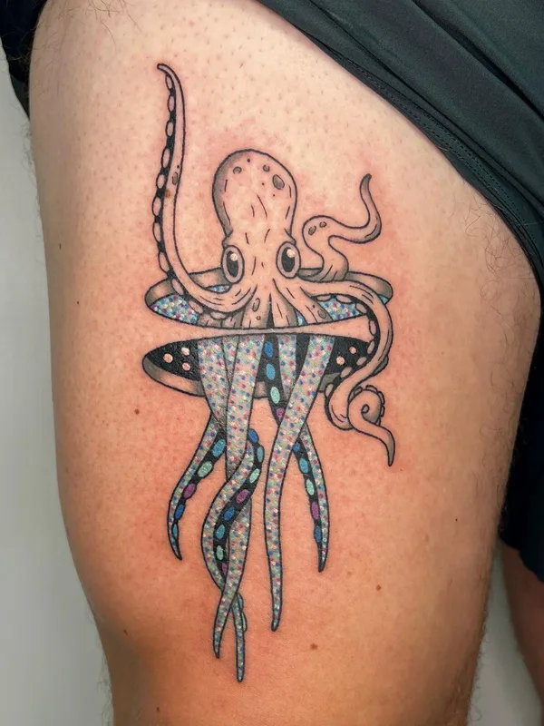color illustrative tatouage sur thigh #57591 | Artiste tatoueur Deryk Webb