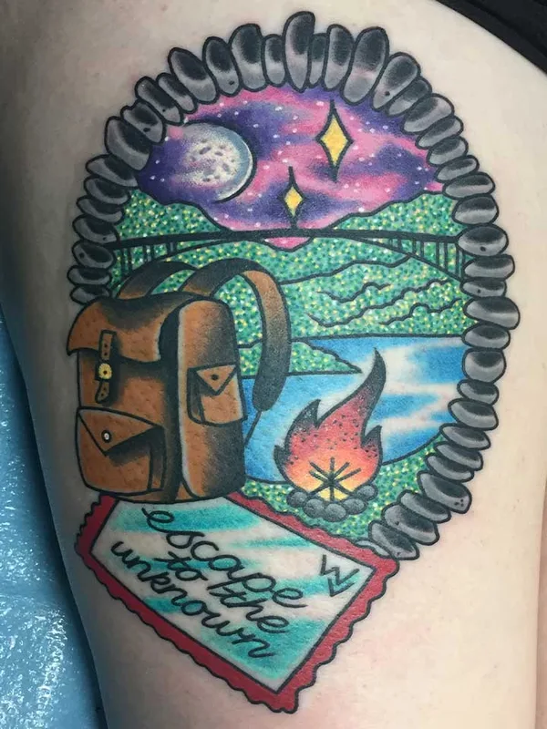 color illustrative tattoo auf thigh #57624 | Tätowierer Paul Kirk