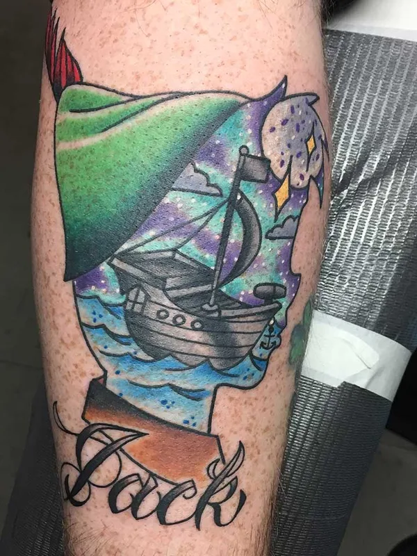color illustrative tattoo auf calf #57625 | Tätowierer Paul Kirk