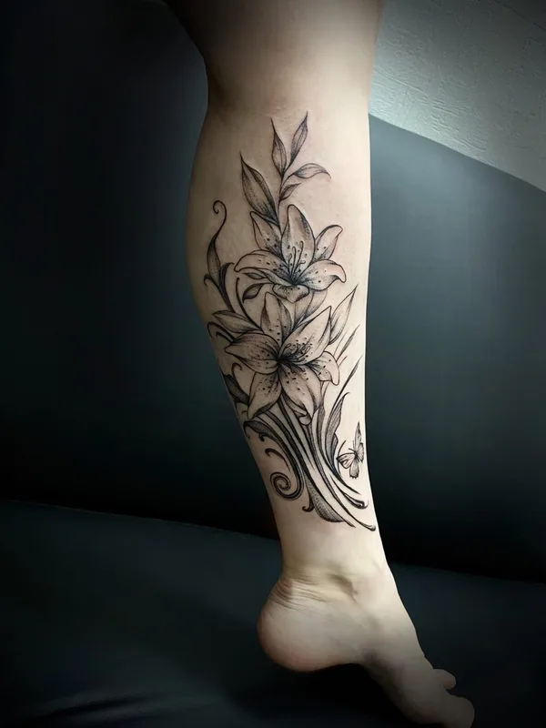 female black and grey fineline tatouage sur calf #58547 | Artiste tatoueur Sofia Kitsune Tattoo
