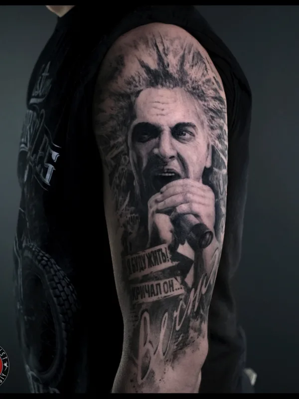 male blackandgrey portrait tattoo on shoulder #73979 | Tattoo Artist Михаил Строгий