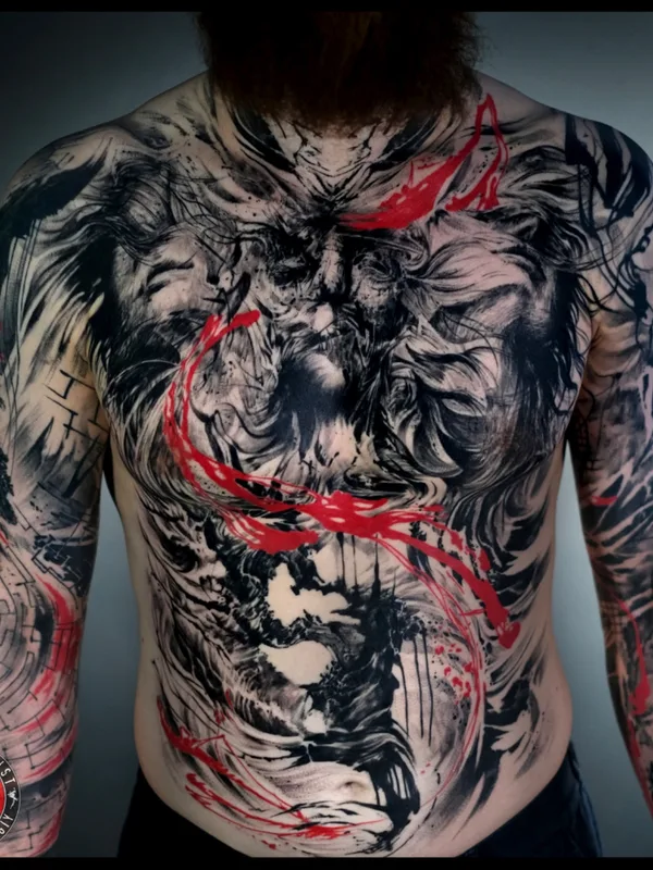 male blackandgrey trashpolka tattoo on breast #73980 | Tattoo Artist Михаил Строгий