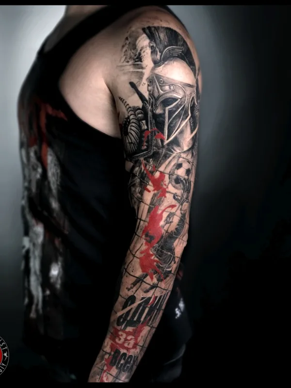male blackandgrey trashpolka tattoo on sleeve #73978 | Tattoo Artist Михаил Строгий