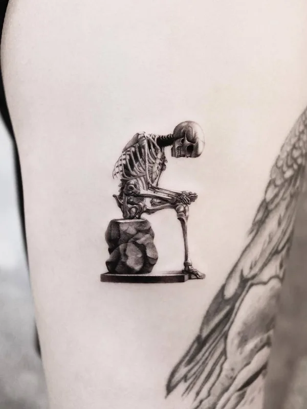 black and grey realism tattoo on thigh #34093 | Tattoo Artist Yeono