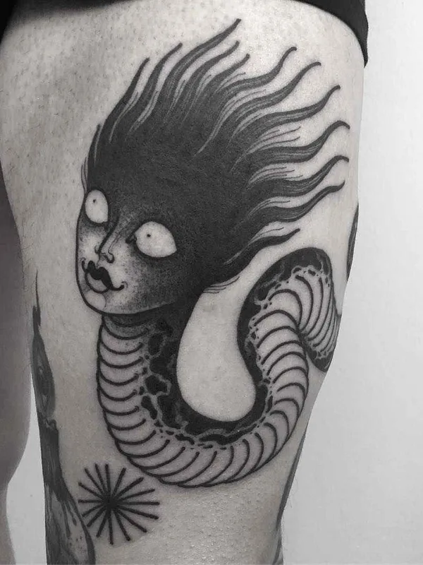 black blackwork tattoo on thigh #16843 | Tattoo Artist Laura Yahna