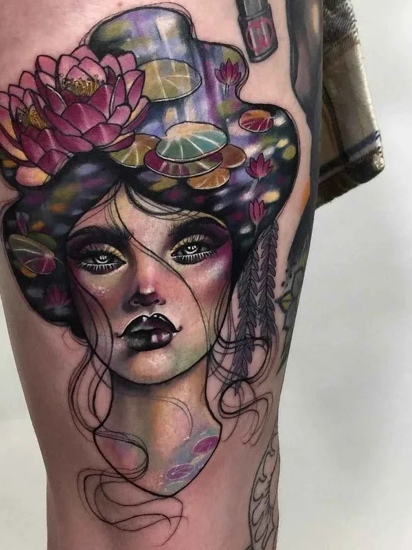 female color illustrative tattoo on thigh #20290 | Tattoo Artist Hannah Flowers