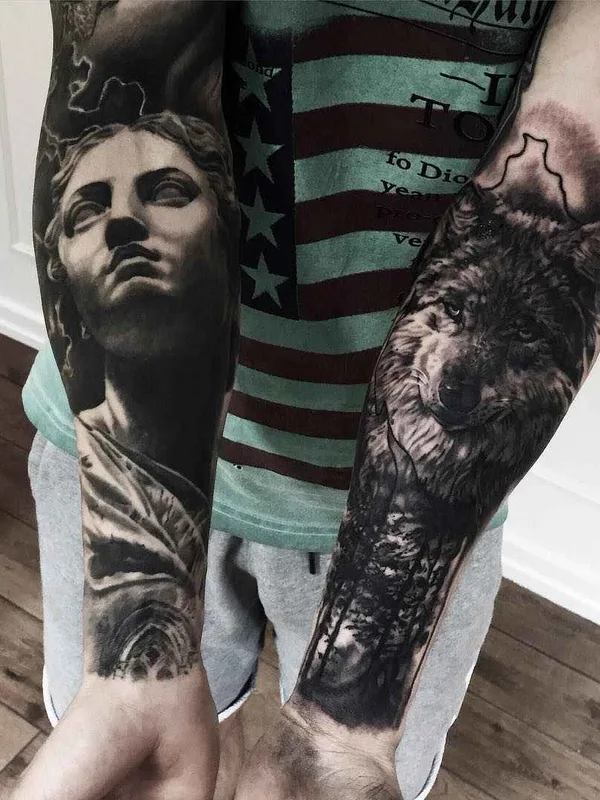 black and grey realism tatuaje en full sleeve #17468 | Tatuador Mark Wosgerau