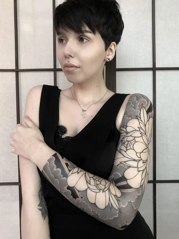 female black and grey japanese татуировка на full sleeve #52466 | Тату мастер Максим Чебатько