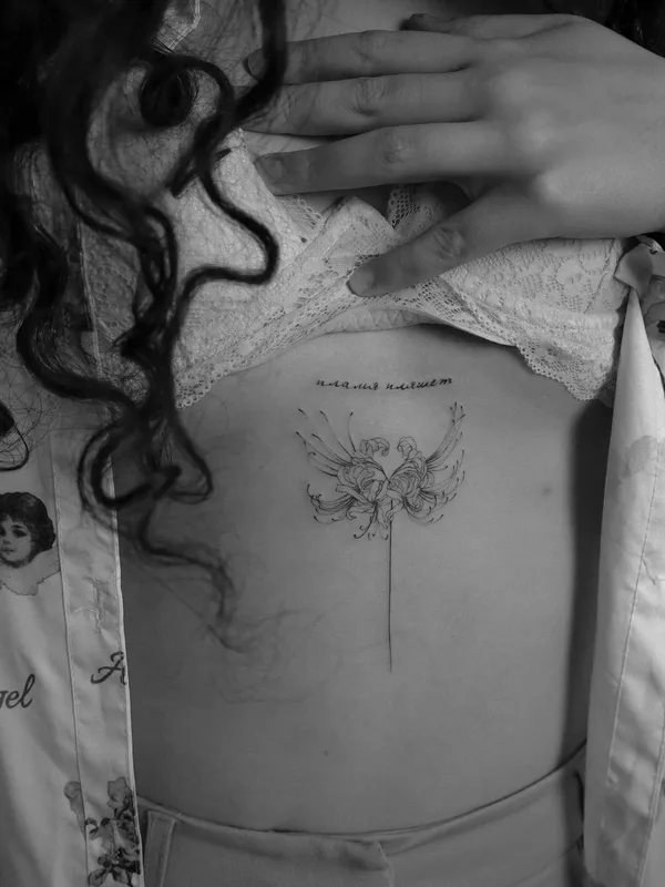 female black and grey fineline tattoo on sternum #52545 | Tattoo Artist Лера Шевцова