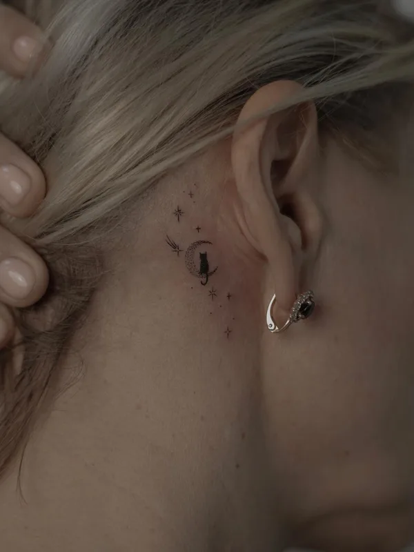 female black fineline tattoo on behind ear #52540 | Tattoo Artist Лера Шевцова