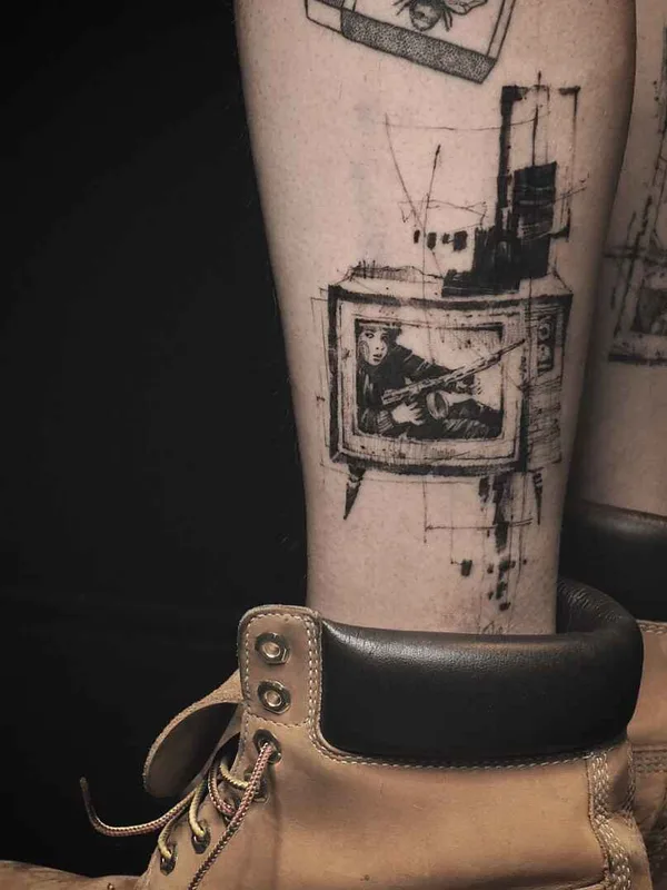black and grey sketch tattoo auf calf #17676 | Tätowierer NADi