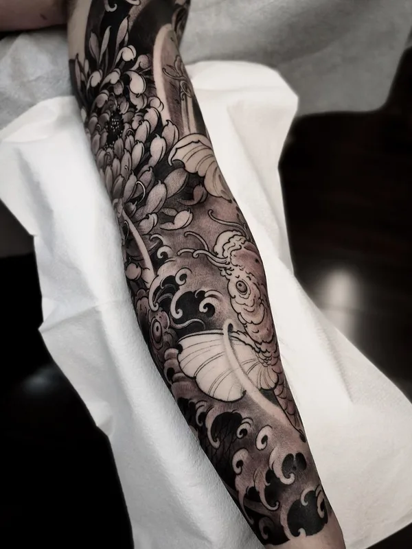 black and grey japanese tatouage sur full sleeve #36312 | Artiste tatoueur Juvel Vazquez FIBS