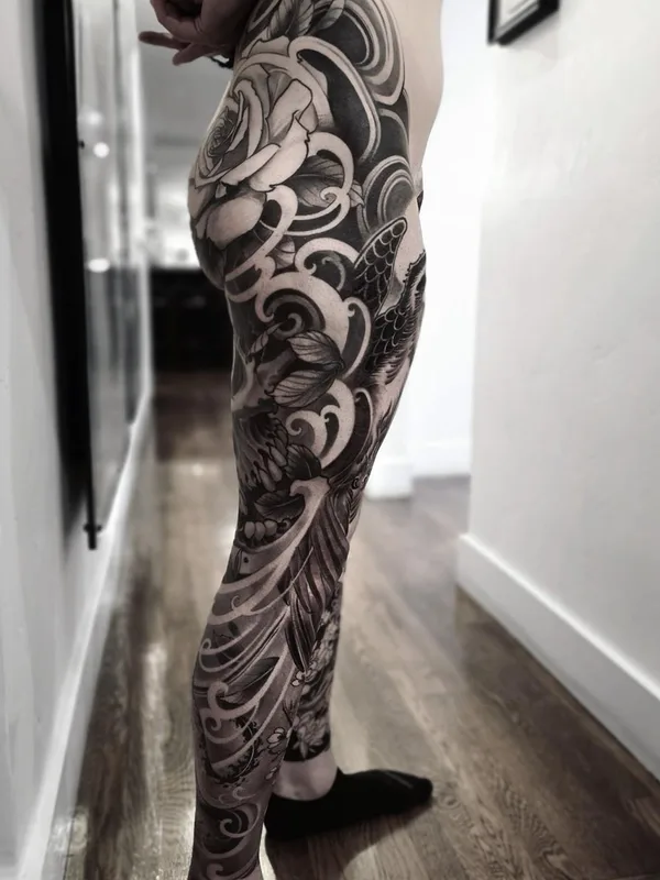 black and grey blackwork tatouage sur full leg #36313 | Artiste tatoueur Juvel Vazquez FIBS