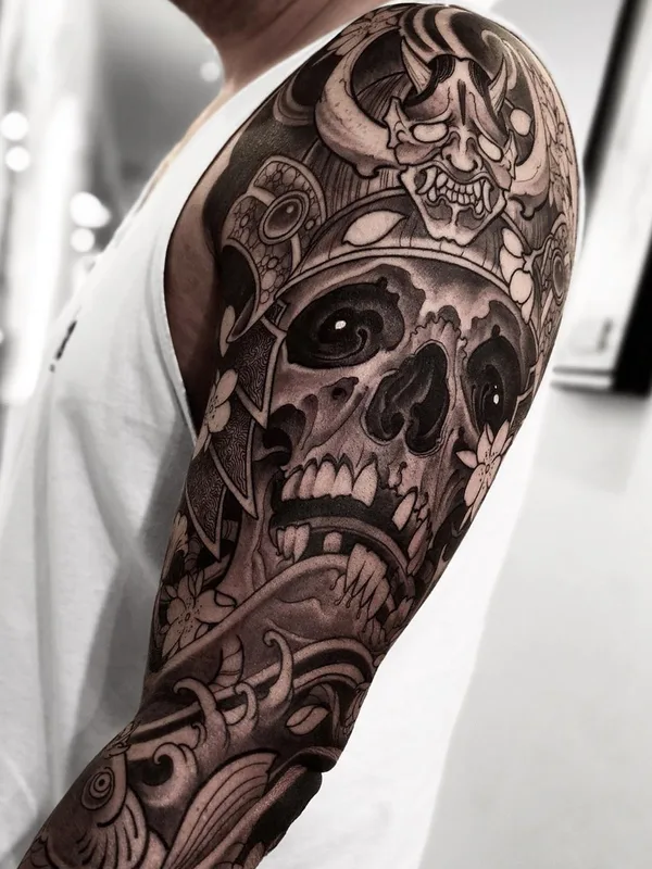 black and grey japanese tatouage sur full sleeve #36322 | Artiste tatoueur Juvel Vazquez FIBS