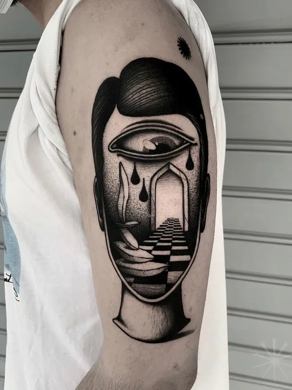 black and grey surrealism tatuaje en upper arm #40756 | Tatuador Jacopo Uppercut