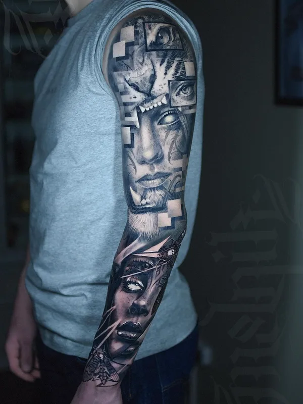 male black and grey realism татуировка на full sleeve #40780 | Тату мастер Максим Мельник