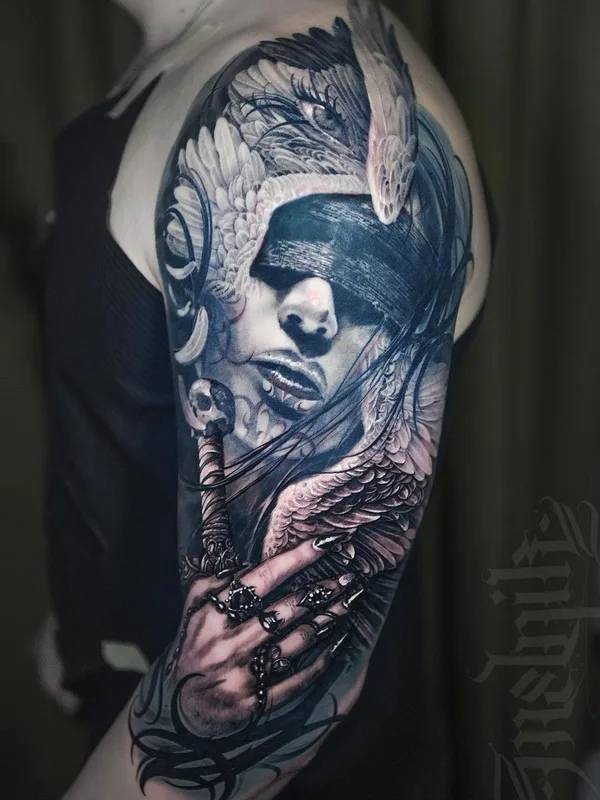female black and grey realism татуировка на full sleeve #40781 | Тату мастер Максим Мельник