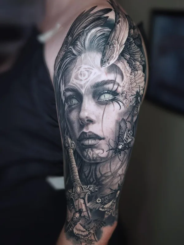 black and grey realism татуировка на full sleeve #40783 | Тату мастер Максим Мельник
