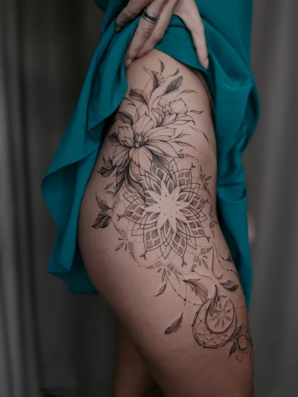 female black and grey ornamental татуировка на thigh #59301 | Тату мастер Jenya Willow