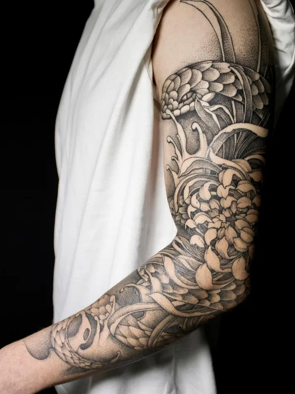 black and grey japanese татуировка на full sleeve #52606 | Тату мастер Владислав Скрябин