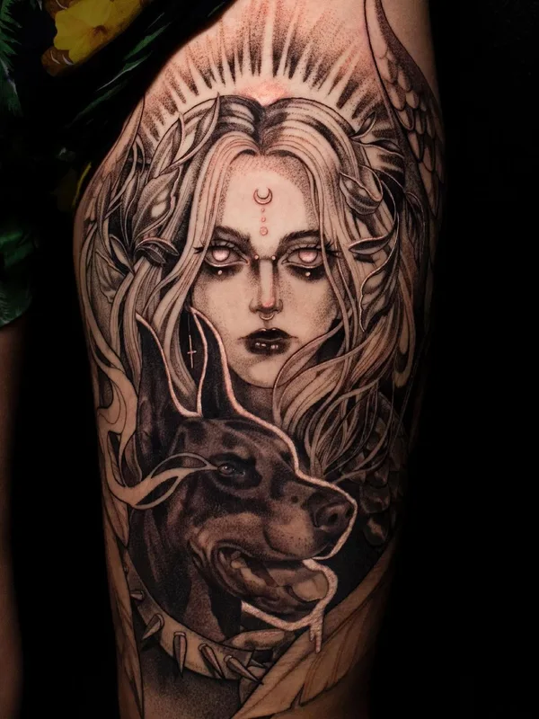 female black and grey realism татуировка на thigh #52619 | Тату мастер Никита Гриненко