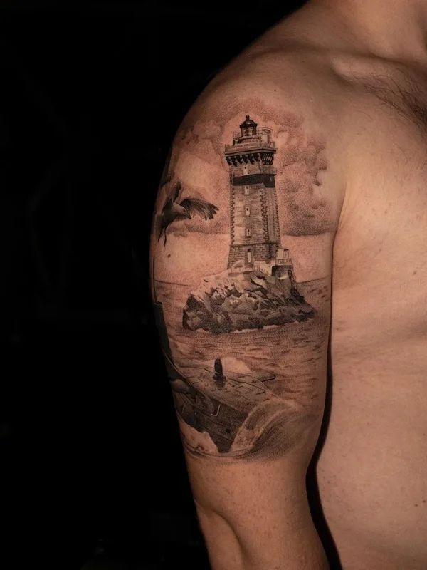 male black and grey realism татуировка на shoulder #52614 | Тату мастер Никита Гриненко