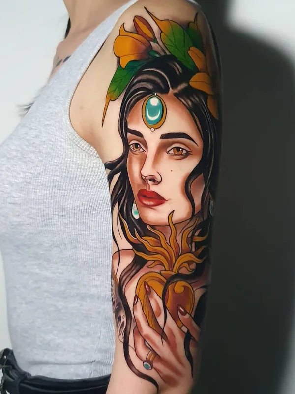 female color neo traditional tattoo auf full sleeve #52630 | Tätowierer Katia Ink