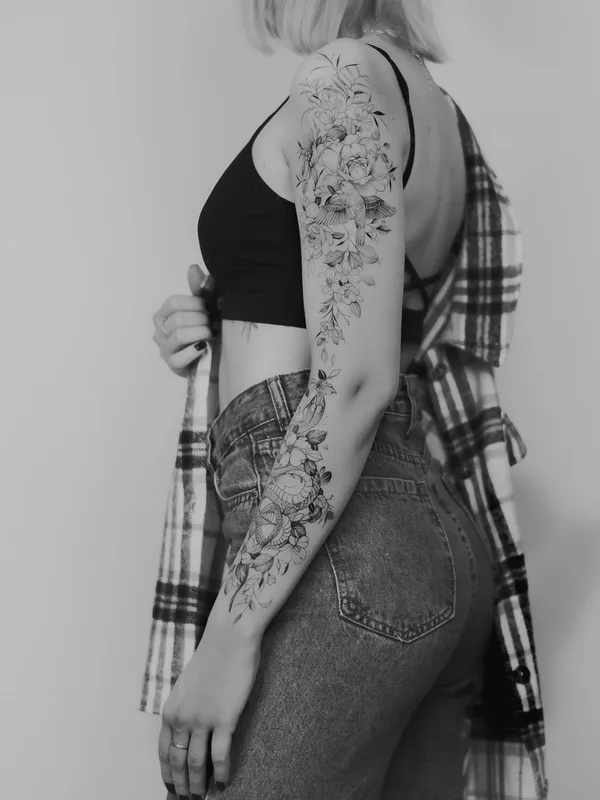 female black and grey fineline tattoo on full sleeve #52650 | Tattoo Artist Юлия Равинских