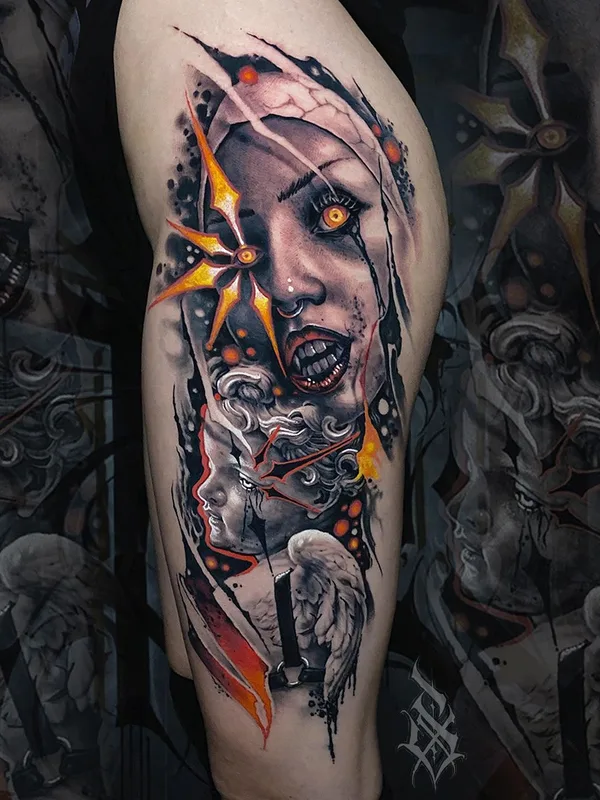 female color realism tattoo auf thigh #52666 | Tätowierer Юрий Симакин
