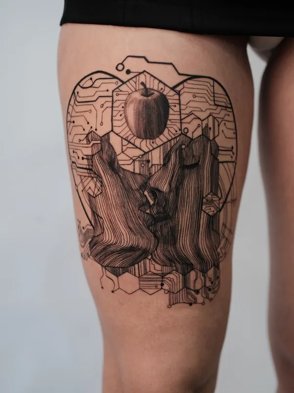 black and grey linework татуировка на thigh #67262 | Тату мастер Alex Shaula