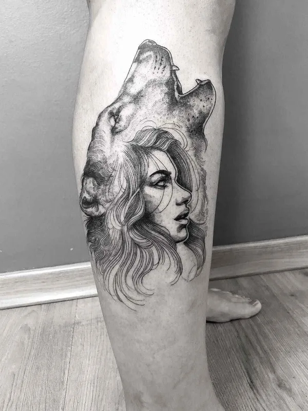 female black and grey black and grey Tatuagem em calf #19101 | Tatuador Sandra Cunha