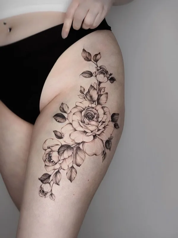 female black botanic tattoo on thigh #57696 | Tattoo Artist Yarina Tereshchenko