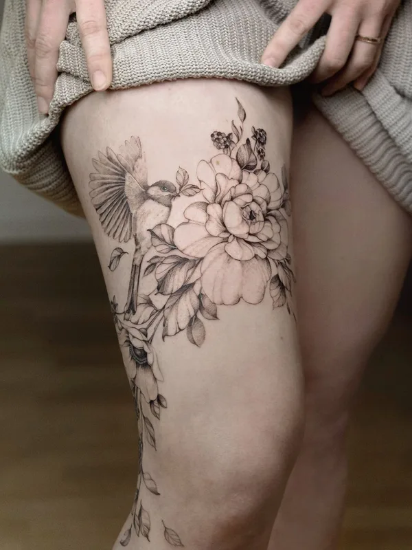 female black botanic tattoo on leg #57693 | Tattoo Artist Yarina Tereshchenko