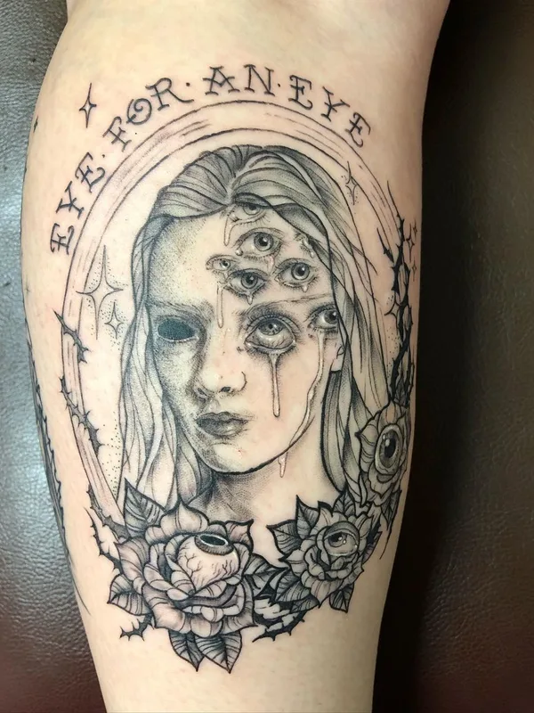 female black and grey black and grey tattoo on calf #57746 | Tattoo Artist Emily Falkowski