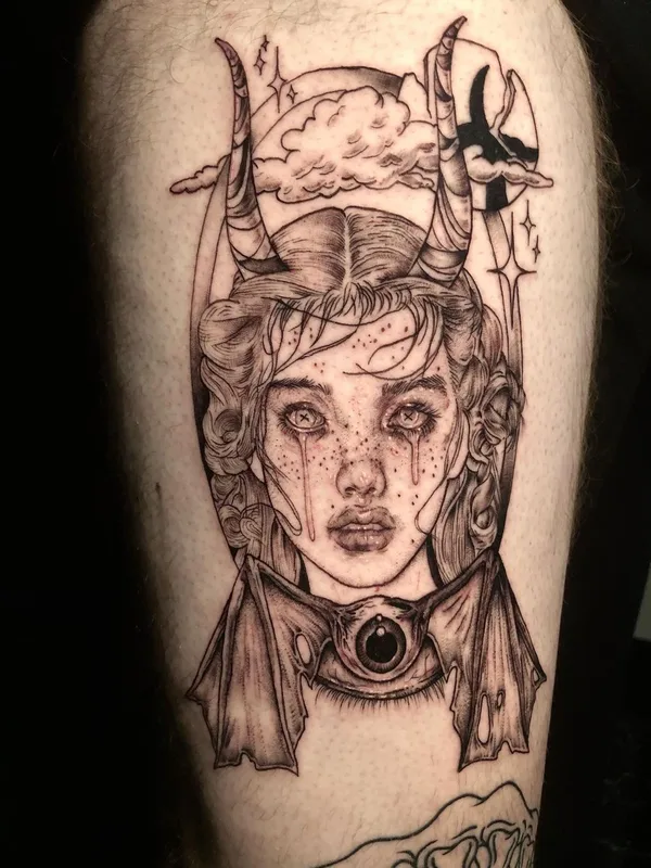 female black and grey blackwork tattoo on thigh #57747 | Tattoo Artist Emily Falkowski