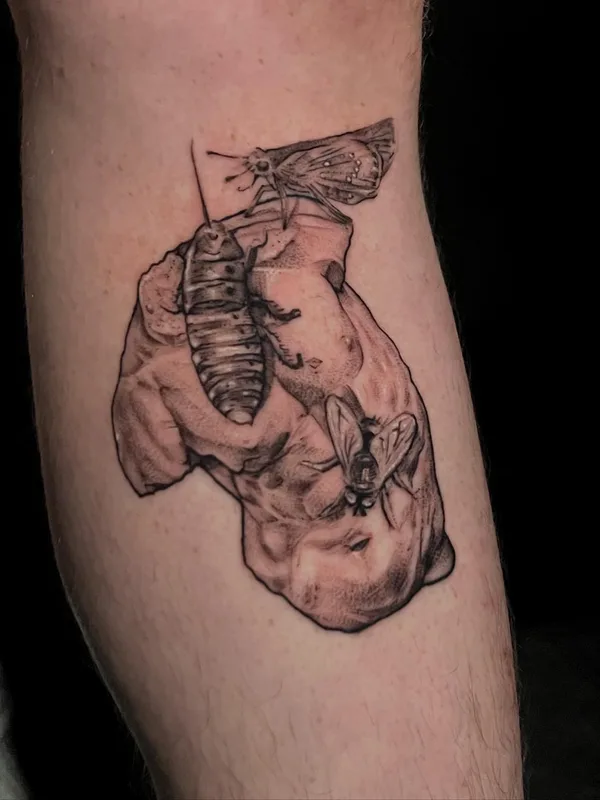 black and grey black and grey tattoo on calf #57748 | Tattoo Artist Emily Falkowski