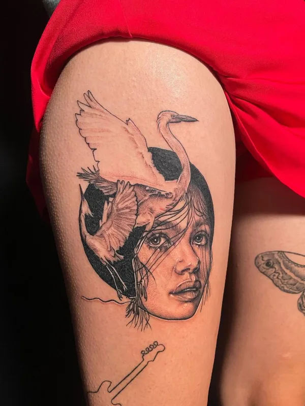 female black and grey black and grey tattoo on thigh #57752 | Tattoo Artist Emily Falkowski