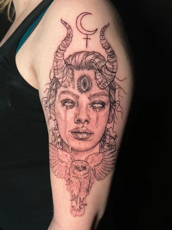 female black blackwork tattoo on upper arm #57750 | Tattoo Artist Emily Falkowski