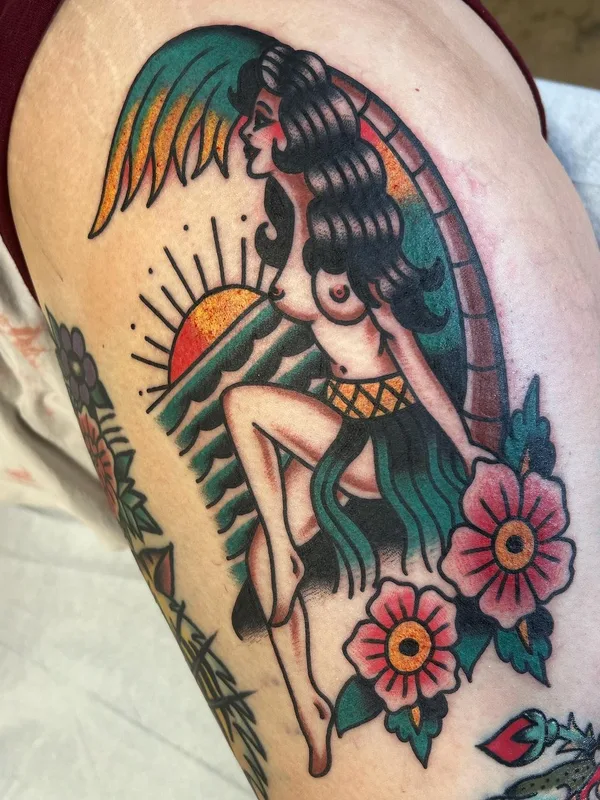 female color traditional Tatuagem em thigh #57769 | Tatuador Derik Snell