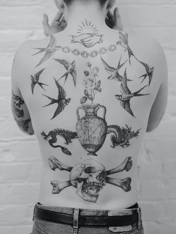 Graphic tattoo by Delphin Musquet in London