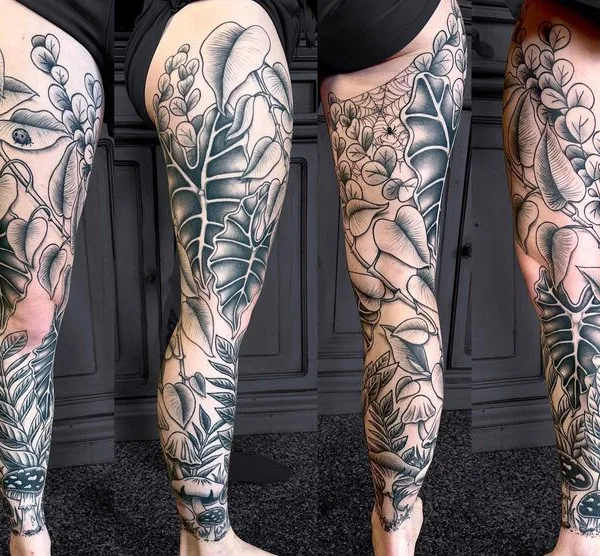 female black and grey botanic 타투 부위 full leg #74024 | 타투이스트 Abby SR