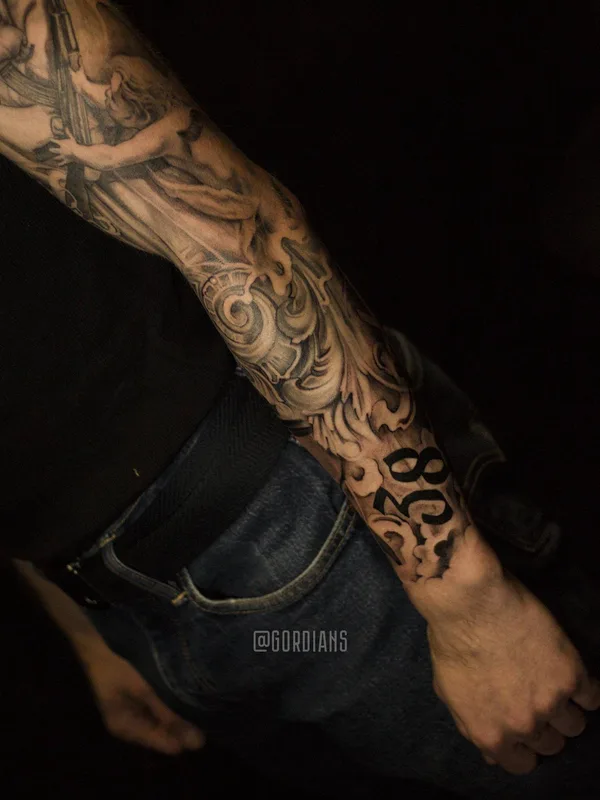 black and grey realism татуировка на full sleeve #34131 | Тату мастер Artemy Gordian