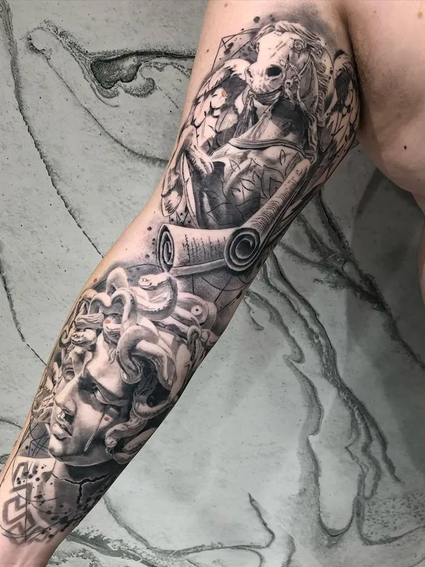 black and grey realism tattoo on full sleeve #46168 | Tattoo Artist Miguel Bohigues