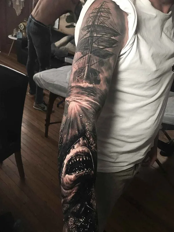 male black and grey realism Tatuaggio su full sleeve #16711 | Tatuatore Damon Holleis