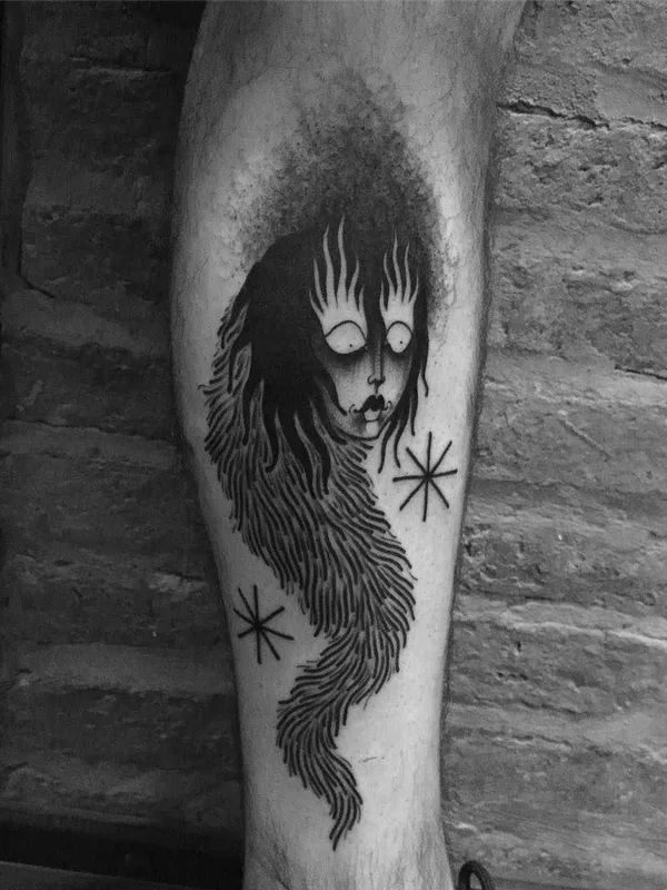 black and grey blackwork tattoo on calf #16844 | Tattoo Artist Laura Yahna