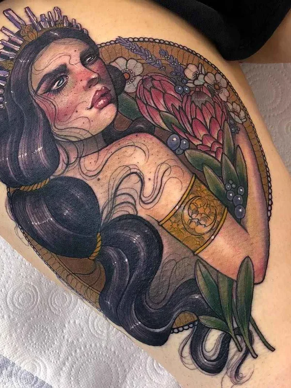 female color illustrative tattoo on thigh #20284 | Tattoo Artist Hannah Flowers