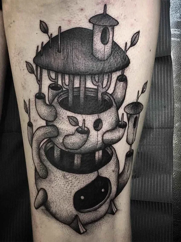 black and grey illustrative tattoo on thigh #17623 | Tattoo Artist William Steiner-Pacheco