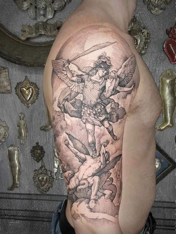 male black and grey engraving tatouage sur shoulder #16740 | Artiste tatoueur Marco C. Matarese