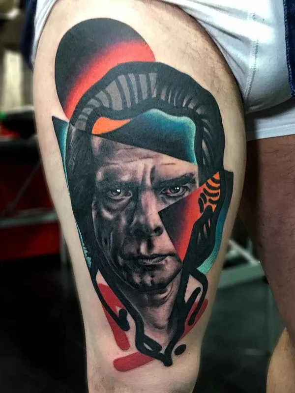 male color portrait татуировка на thigh #16564 | Тату мастер Mike Boyd