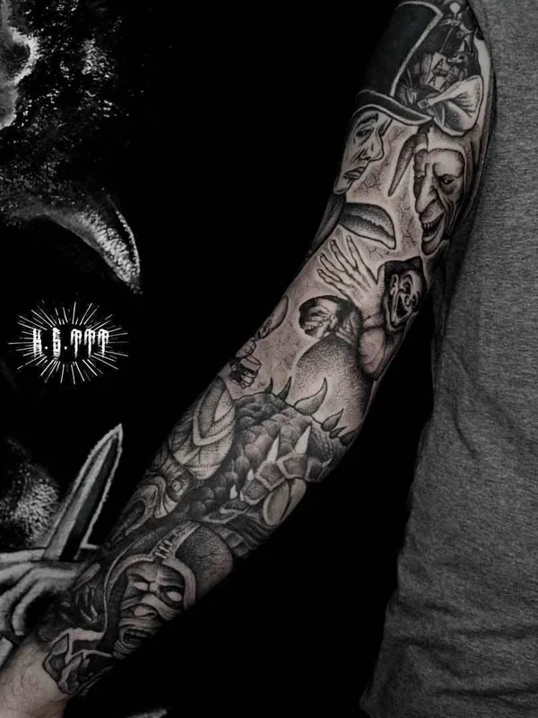 black and grey black and grey tattoo on full sleeve #19977 | Tattoo Artist Клим Шахнин
